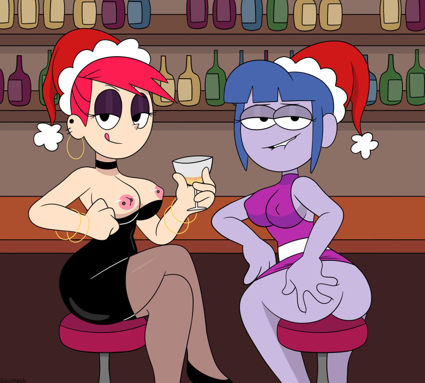 2girls alternate_version_available big_breasts big_city_greens biting_lip blue_hair bracelet clothed clothing crossover dress dress_down dress_lift dress_pull earrings exposed_breasts female female_focus female_only foster's_home_for_imaginary_friends frankie_foster gloria_sato inviting inviting_to_sex licking licking_lips light-skinned_female light_skin looking_at_viewer looking_back multiple_girls nipple_piercing nipples purple_skin red_hair santa_hat seductive seductive_smile sitting sournack tube_dress young younger_female