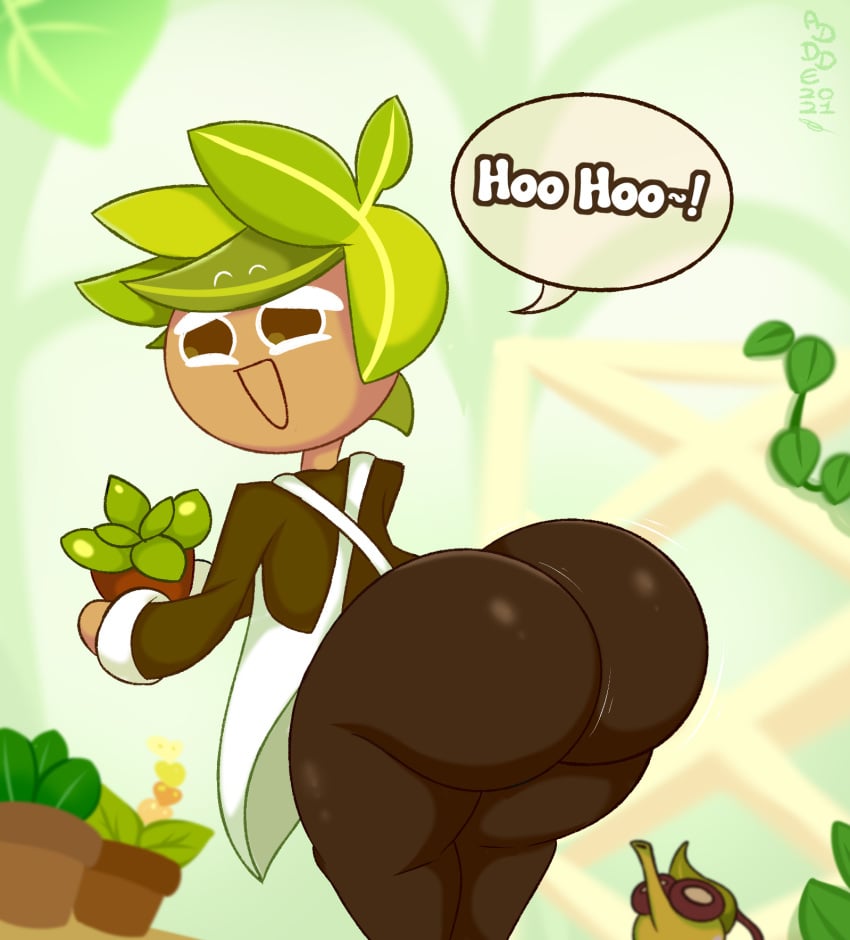 1boy :d addde apron ass ass_focus back_view bent_over big_ass brown_eyes bubble_butt clothed clothing cookie_run dialogue femboy fully_clothed green_hair hair herb_cookie holding holding_object huge_ass huge_butt leaf leaf_hair leaves looking_at_viewer male male_only open_mouth pants plant potted_plant rear_view shirt short_hair smile solo speech_bubble standing tan_body tan_skin text text_bubble thick_ass vines watering_can