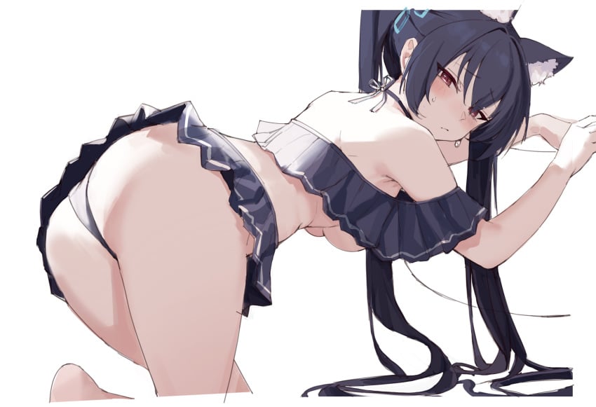 abydos_high_school_student animal_ear_fluff animal_ears aqua_ribbon ass back bangs bare_shoulders barefoot bent_over bikini black_hair blue_archive blue_bikini blue_swimsuit blush border breasts cat_ears closed_mouth female foreclosure_task_force_(blue_archive) frown hair_between_eyes hair_ribbon halterneck highres long_hair looking_at_viewer mr._zhuo red_eyes ribbon serika_(blue_archive) serika_(swimsuit)_(blue_archive) simple_background sketch solo sweat swimsuit thighs twintails underboob very_long_hair white_background white_border