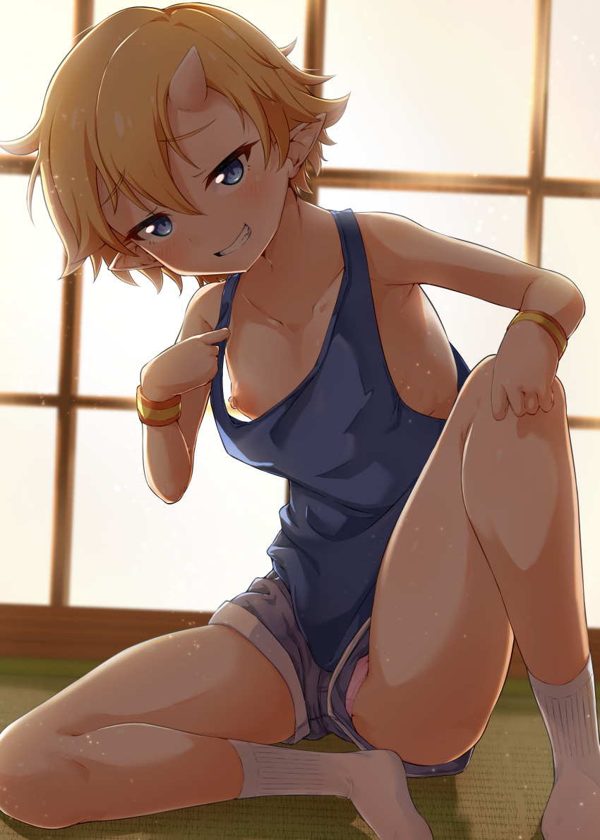 1girls absurdres bangs blonde_hair blue_eyes blue_tank_top blush breasts collarbone female female_only flashing grin highres himawari_(onipan!) horns leaning_to_the_side looking_at_another looking_at_viewer nipples no_bra oni_horns onipan! panties pantyshot pink_panties pointy_ears pulled_by_self short_hair short_shorts shorts sitting small_breasts smile socks solo solo_female sweat tank_top teenager underwear upshorts wristband yasuke_(angekok)