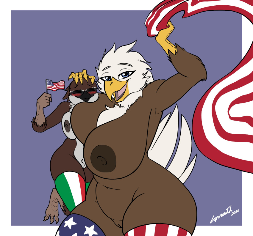 2girls 4th_of_july american_eagle anthro armpits bald_eagle big_breasts bird breasts female italian_flag italian_sparrow lyorenth-the-dragon multiple_girls sparrow sparrow_(bird) tagme thick_thighs