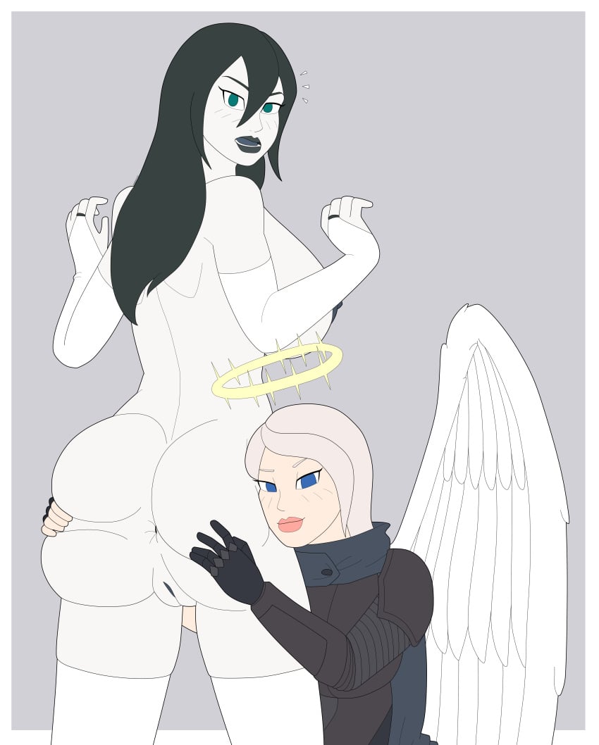 2girls angel angel_wings anus areolae armor ass ass_grab athorment barely_clothed bell_(voidvenery) big_ass black_hair blue_eyes female female_focus female_only functionally_nude functionally_nude_female gloves green_eyes knight long_hair looking_at_viewer looking_back multiple_girls natalie_arc nipples pussy tagme thighhighs wings yuri