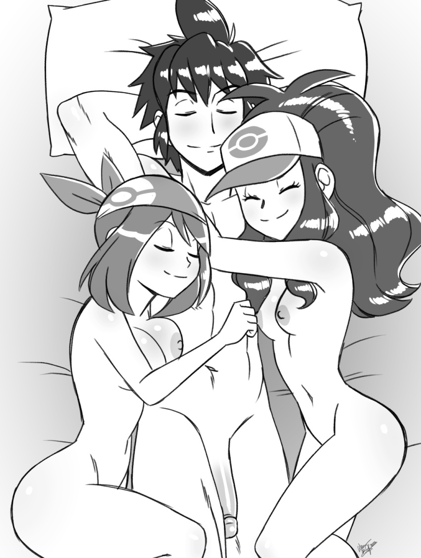 1boy 2girls aeolus06 alain_(pokemon) alan_(pokemon) hilda_(pokemon) may_(pokemon) nude_cuddle nude_hug pokemon pokemon_(anime) pokemon_(game) pokemon_bw pokemon_rse relaxing