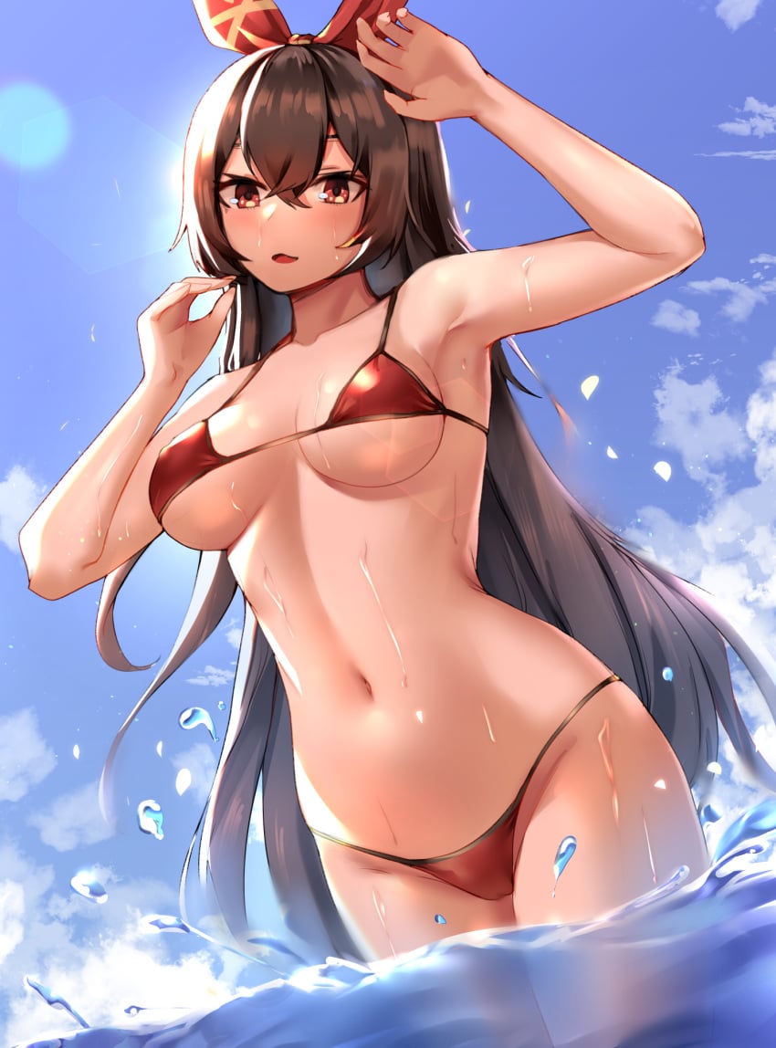 amber_(genshin_impact) arm_up bangs bare_arms bikini blue_sky blush bow breasts brown_eyes brown_hair cloud cloudy_sky clyde_s collarbone covered_erect_nipples cowboy_shot crossed_bangs day dutch_angle female female_focus genshin_impact groin hair_between_eyes hair_ribbon hairbow hand_on_own_head highres long_hair looking_at_viewer medium_breasts micro_bikini navel ocean open_mouth parted_lips partially_submerged red_bikini red_eyes ribbon sidelocks sky solo standing stomach sunlight swimsuit very_long_hair wading water wet