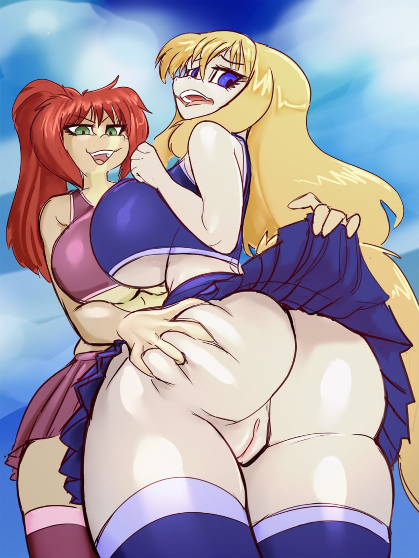 anna_(sailoranna) anthro ass big_breasts blonde_hair blue_bottomwear blue_clothing blue_skirt bottomwear breasts butt_grab clothed clothing cloud day digital_media_(artwork) duo equid female female/female general-irrelevant genitals green_eyes hair hand_on_butt hi_res legwear low-angle_view mammal no_underwear outside purple_eyes pussy sara_(sailoranna) skirt smile stockings surprise