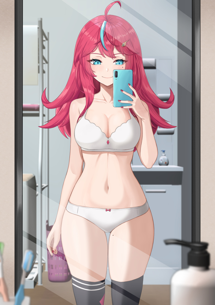 1girls ahoge bathroom big_breasts blue_eyes blush bra breasts cleavage elaine_(kometa_virtual_live) female hi_res kometa_virtual_live lazycoffee mirror mirror_selfie navel panties phone red_hair selfie smartphone smile taking_picture thick_thighs thighhighs toothbrush underwear wide_hips