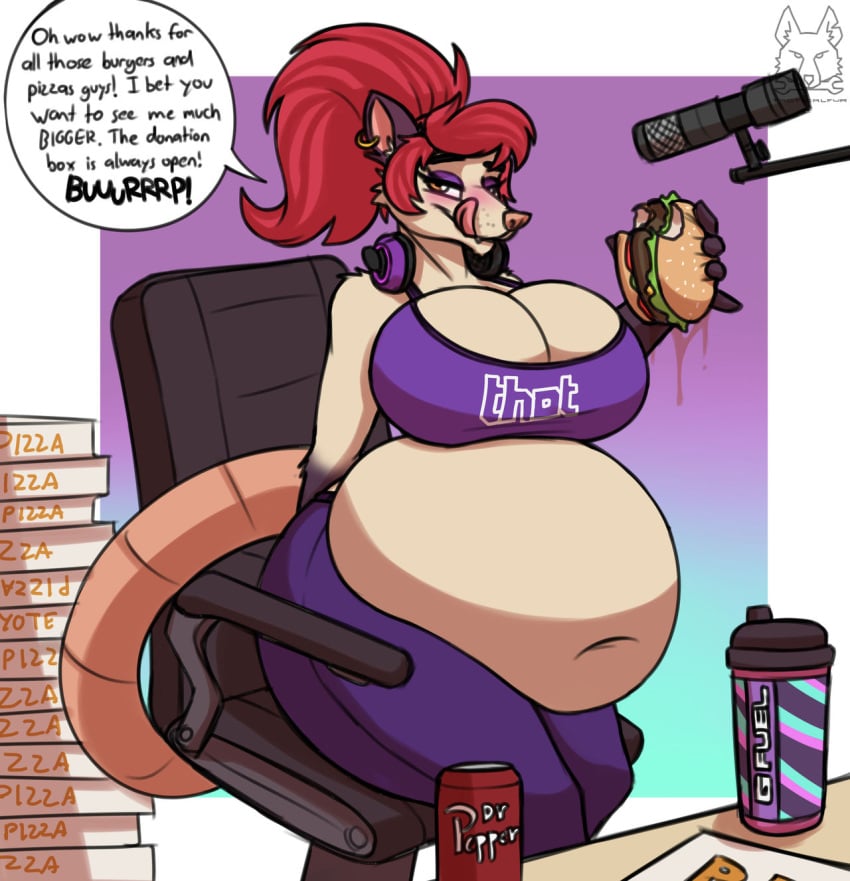 1girls anthro belly belly_bulge belly_button big_belly burping cleavage clothed clothing eating eating_food eating_hamburger embarrassed english_commentary english_dialogue english_text fangs fox furry furry_female g_fuel headphones headphones_around_neck holding_food huge_ass large_breasts navel obese tacticalfur tania_tlacuache teeth tongue tongue_out twitch twitch.tv yoga_pants