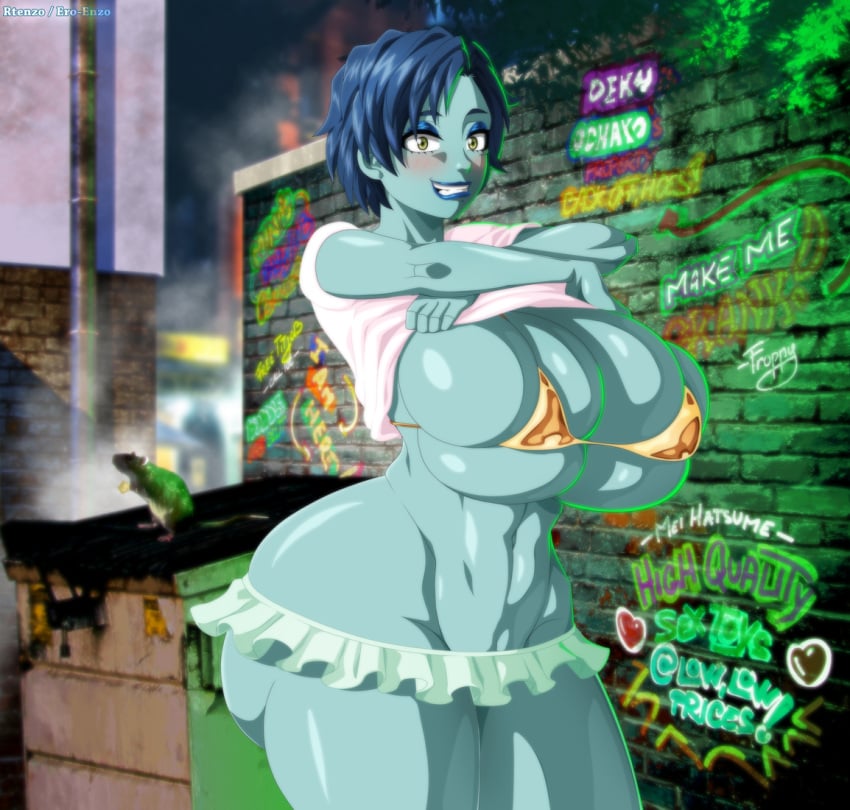 1girls almost_naked alternate_breast_size alternate_version_available apple_butt awata_kaoruko big_breasts big_butt big_hips bikini blue_hair blue_skin blushed blushing blushing_at_viewer boku_no_hero_academia bubble_girl bursting_breasts cyan_skirt detailed_background ero-enzo green_eyes huge_breasts huge_butt huge_thighs kaoruko_awata lipstick make_up makeup muscular muscular_female my_hero_academia no_areola rtenzo shirt_lift shirt_pull shirt_up stripping tagme tiny_bikini tiny_skirt tiny_waist white_shirt wide_hips