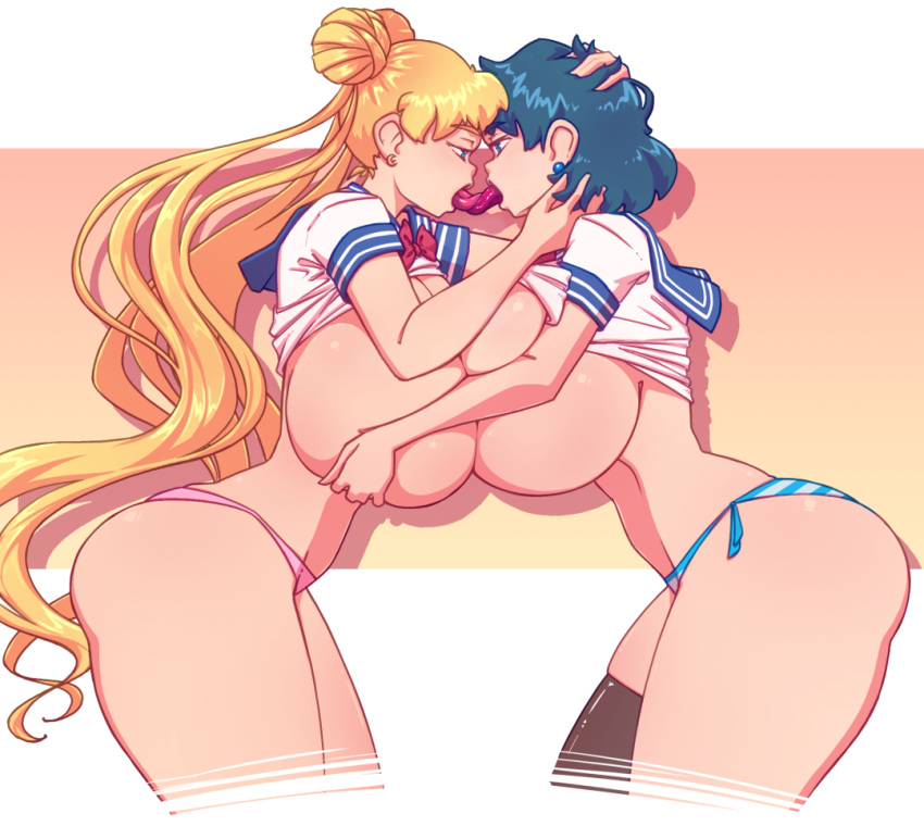 2022 2girls ami_mizuno ass bishoujo_senshi_sailor_moon black_hair blonde_hair breast_grab breasts breasts_bigger_than_head cleavage clothing color duo earrings female female_only french_kiss gigantic_breasts huge_breasts kissing large_breasts long_hair n647 panties side_view sideboob symmetrical_docking thick_thighs tongue_kiss tongue_out tongue_to_tongue usagi_tsukino yuri