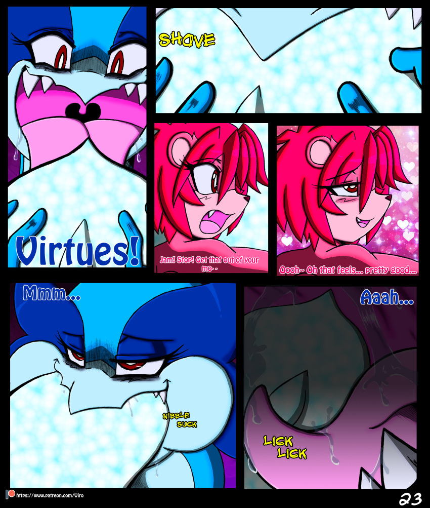 2018 absurd_res anthro blueberry_jam_(viroveteruscy) blush bodily_fluids comic duo english_text female hi_res licking mammal open_mouth page_23 raspberry_(viroveteruscy) red_eyes reptile saliva scalie soul sucking teeth text tongue tongue_out ursid viroveteruscy warning_cream_filled