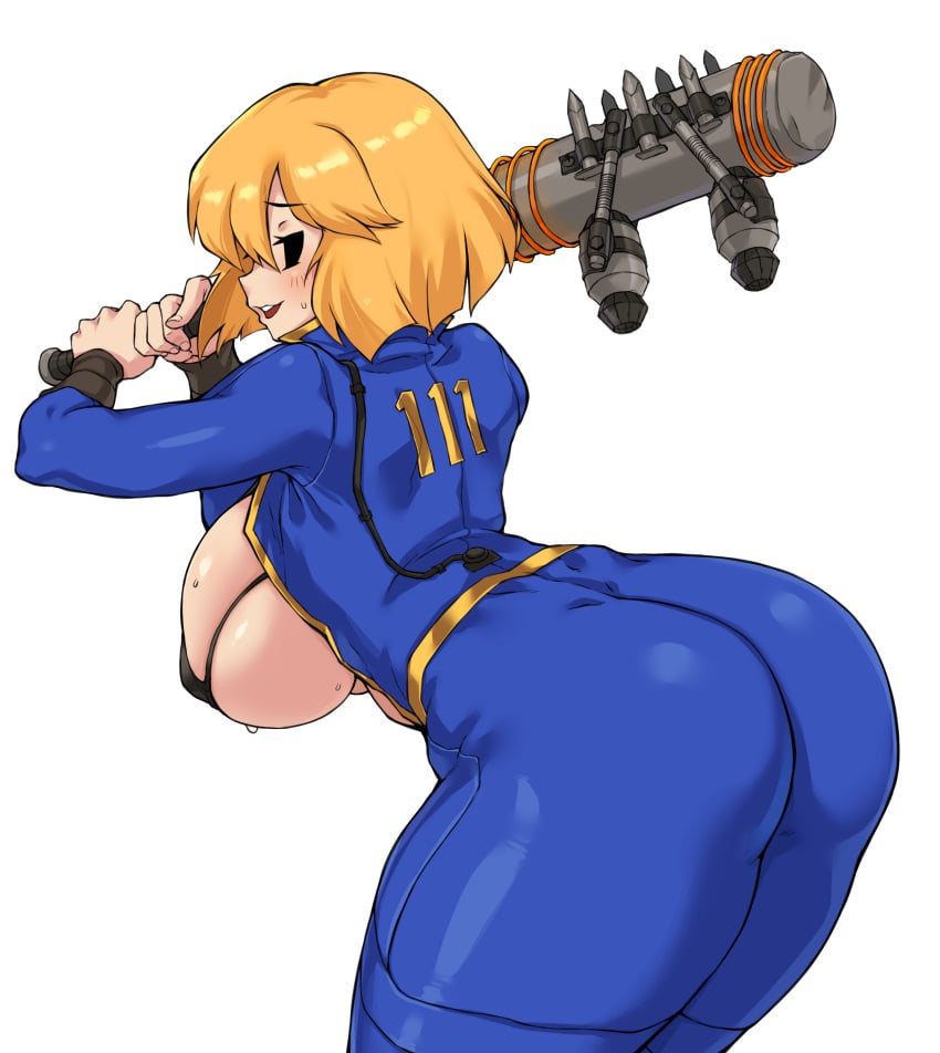 1girls ass backboob big_ass big_breasts blonde_hair blush breasts cleanerjay clothing eye_contact fallout fallout_4 female female_only human jumpsuit large_breasts looking_at_viewer mob_face pale_skin short_hair solo solo_female sweat thick_thighs thighs tight_clothing vault_girl vault_suit weapon white_background