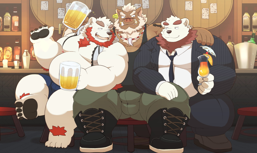 2022 absurd_res alcohol anthro beard beartouma_0517 beer belly beverage big_belly black_nose bottomwear brown_body bulge clothing detailed_background embrace facial_hair group hi_res hug humanoid_hands inside kemono male male/male mammal necktie overweight overweight_male pants polar_bear shirt sitting suid suina sus_(pig) topwear ursid ursine white_body wild_boar