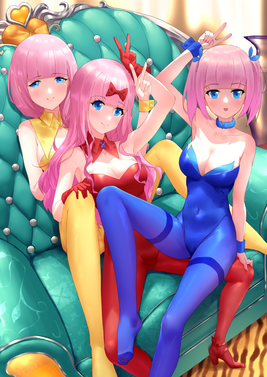 3girls :d arm_support armpits bangs bare_shoulders blue_hair blue_legwear blue_leotard blue_ribbon blunt_bangs blush bly-yuan bow breasts bunnysuit clavicle cleavage closed_mouth couch covered_navel detached_collar eyebrows_visible_through_hair female female_only fujiwara_chika fujiwara_moeha fujiwara_toyomi fur_collar gloves hair_ornament hair_ribbon hairbow hand_up head_tilt high_heels high_resolution highleg highleg_leotard human indoors kaguya-sama_wa_kokurasetai_~tensai-tachi_no_renai_zunousen~ large_breasts legwear leotard long_hair looking_at_viewer multiple_girls one_arm_up open-mouth_smile open_mouth pantyhose pink_hair playboy_bunny red_bow red_footwear red_gloves red_legwear red_leotard ribbon shadow shoes siblings sidelocks sisters sitting sitting_on_lap sitting_on_person smile strapless strapless_leotard thighband_pantyhose tied_hair twintails v wrist_cuffs yellow_legwear yellow_leotard