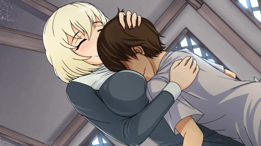 1boy 1girls big_breasts bigger_female blonde_female blonde_hair breasts brown_hair closed_eyes eyebrows_visible_through_hair face_in_breasts frostworks hug indoors june_(quest_failed) matt_(quest_failed) nun quest_failed smaller_male window