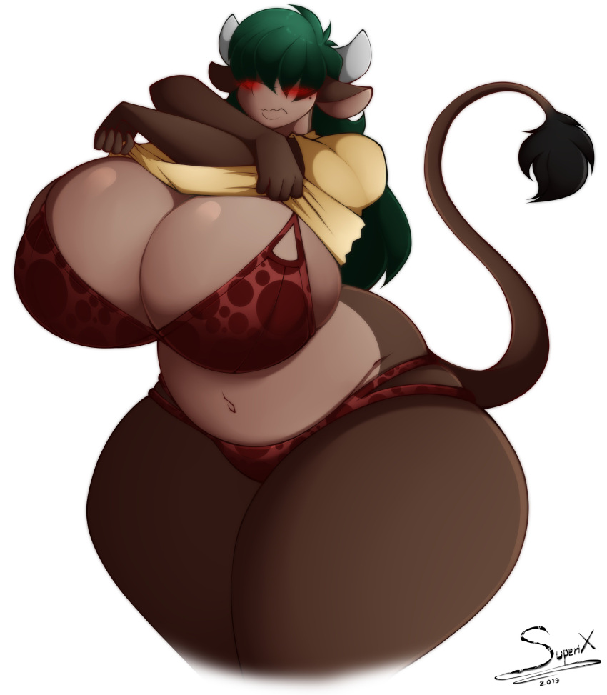 1girls 2019 absurd_res anthro ariana_(superix) artist_name beauty_mark big_breasts blush bovid bovine bra breasts brown_body brown_fur cattle cleavage clothed clothing clothing_lift curvaceous curvy curvy_body curvy_female curvy_figure digital_media_(artwork) female female_focus female_only fingers fur green_hair hair hair_over_eyes hi_res horn hourglass_figure huge_breasts long_hair long_tail mammal markings mole_(marking) multicolored_body multicolored_fur navel open_clothing open_shirt open_topwear panties shirt shirt_lift side_boob signature simple_background solo standing superix tan_body tan_fur thick_thighs topwear two_tone_body two_tone_fur underwear undressing voluptuous white_background wide_hips