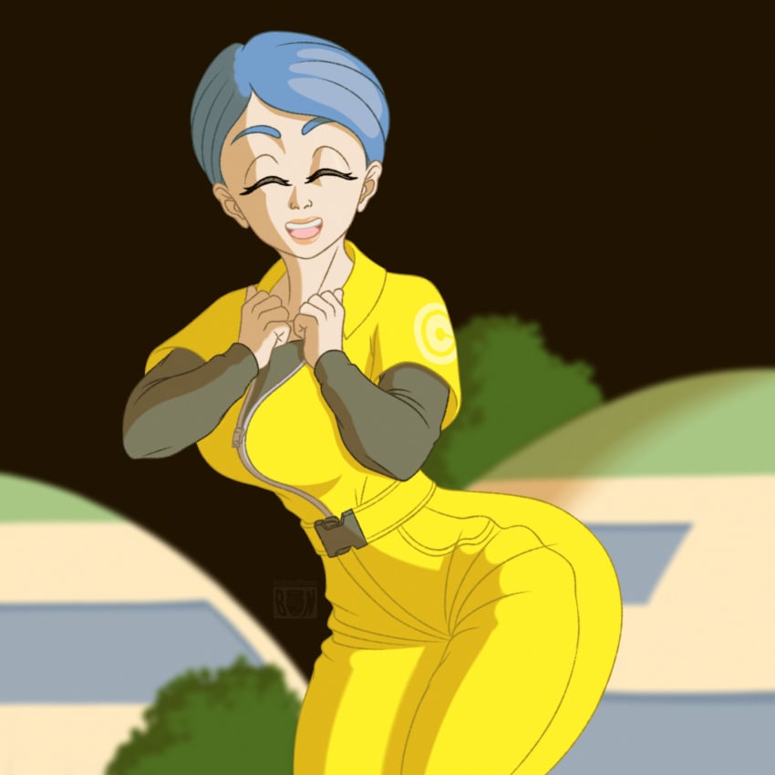 big_ass blue_hair bottledneon bulma_briefs bulma_briefs_(dragon_ball_super_superhero) dragon_ball dragon_ball_super dragon_ball_super_super_hero fanart jumpsuit wide_hips