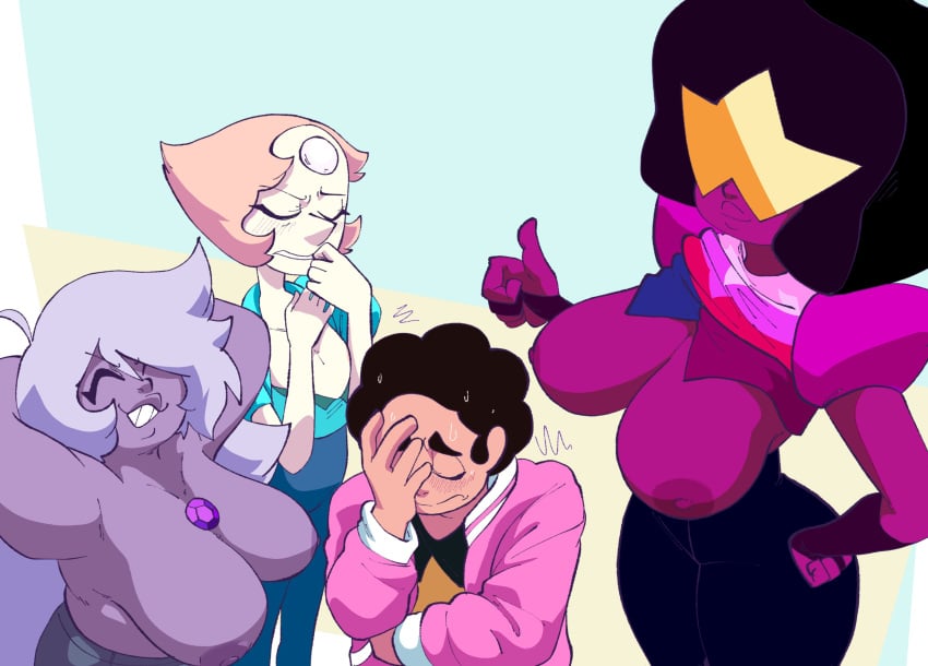 1boy 3girls afro amethyst_(gem) amethyst_(steven_universe) arms_behind_back ashamed bare_breasts big_areola big_breasts big_nipples black_shirt blush blush_lines blushing breasts breasts_out cartoon_network chubby chubby_female clothed clothed_female clothing crystal_gem dark-skinned_female dark_hair dark_nipples dark_skin embarrassed eyes_closed face_palm facepalm flat_chest flat_chested frown fully_clothed garnet_(steven_universe) gem gem_(species) gem_fusion glasses gloves hand_on_head hand_on_hip huge_breasts inker_comics inkershike jeans lanky lavender_hair light_skin lips long_hair magenta_skin milf nipples no_bra no_shirt orange_hair pants partially_clothed pauldrons pearl_(gem) pearl_(steven_universe) pink_jacket purple_body purple_hair purple_skin shades shirt_up shortstack shoulder_pads showing_breasts showing_off simple_background simple_shading skinny skinny_female skinny_girl small_breasts smile smiling star_shades steven_quartz_universe steven_universe steven_universe_future strawberry_blonde_hair sweat teeth teeth_showing thick_thighs thumbs_up tight_clothing tights topless white_body white_skin