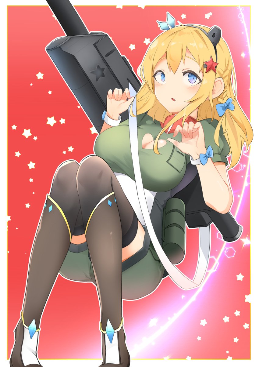 1girls big_breasts blonde_female blonde_hair blue_eyes boob_window breasts clothed daebom female female_only hair_ornament hairbow light-skinned_female light_skin personification solo stockings su-122 su-122_(daebom) t34_family top_heavy war_thunder