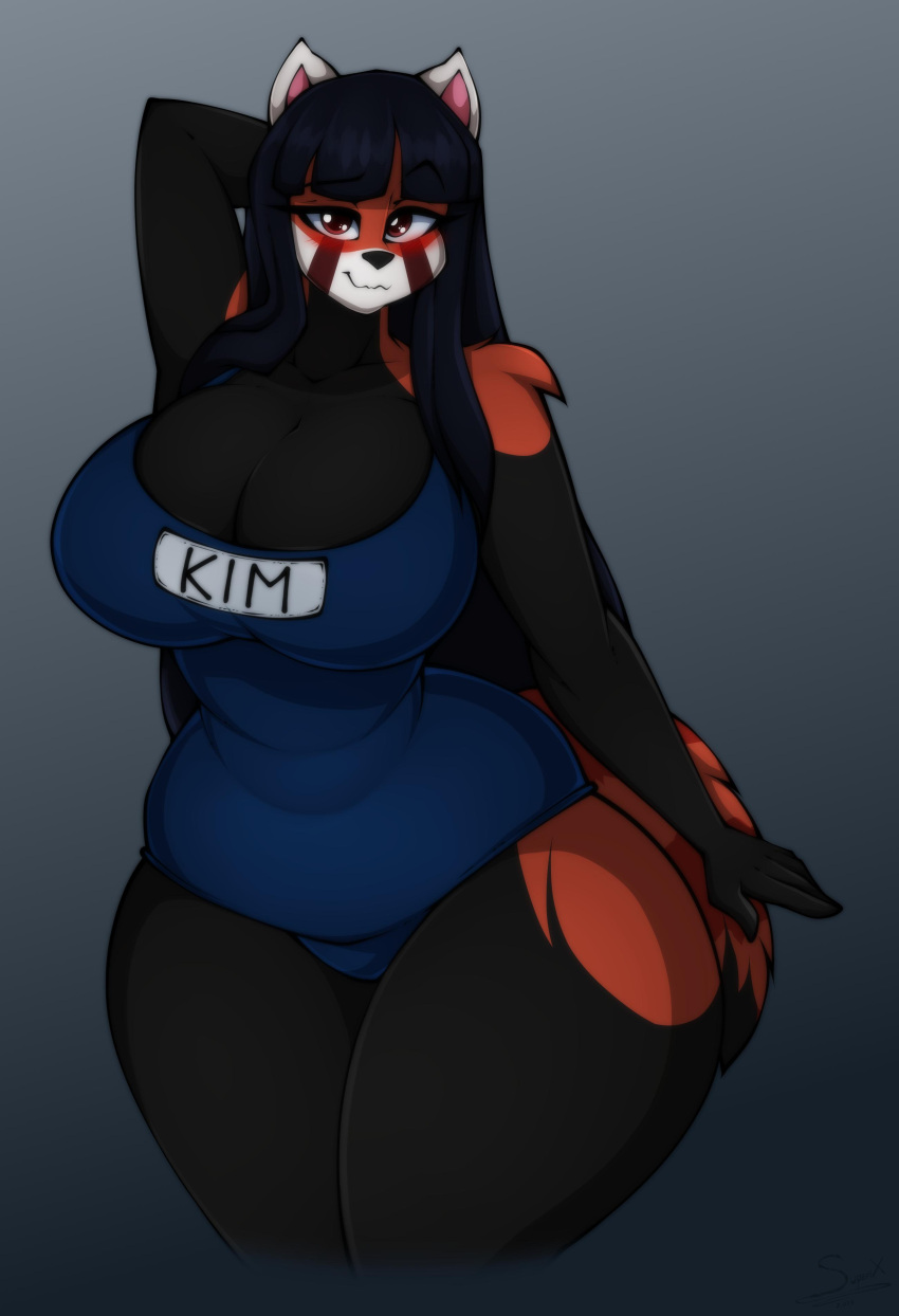 1girls 2019 abstract_background absurd_res ailurid anthro artist_name big_breasts black_body black_fur blue_hair blush breast_squish breasts cleavage cleavage_overflow clothed clothing curvaceous curvy curvy_body curvy_female curvy_figure digital_media_(artwork) eyelashes female female_focus female_only fingers fur grey_background hair hand_behind_head hi_res hourglass_figure huge_breasts huge_hips hyper hyper_hips kim_soo_min_(jwinkz) long_hair looking_at_viewer mammal one-piece_swimsuit orange_body orange_fur red_eyes red_panda school_swimsuit signature simple_background slim_waist small_head small_waist smile solo squish standing superix swimwear thick_thighs voluptuous white_body white_fur wide_hips