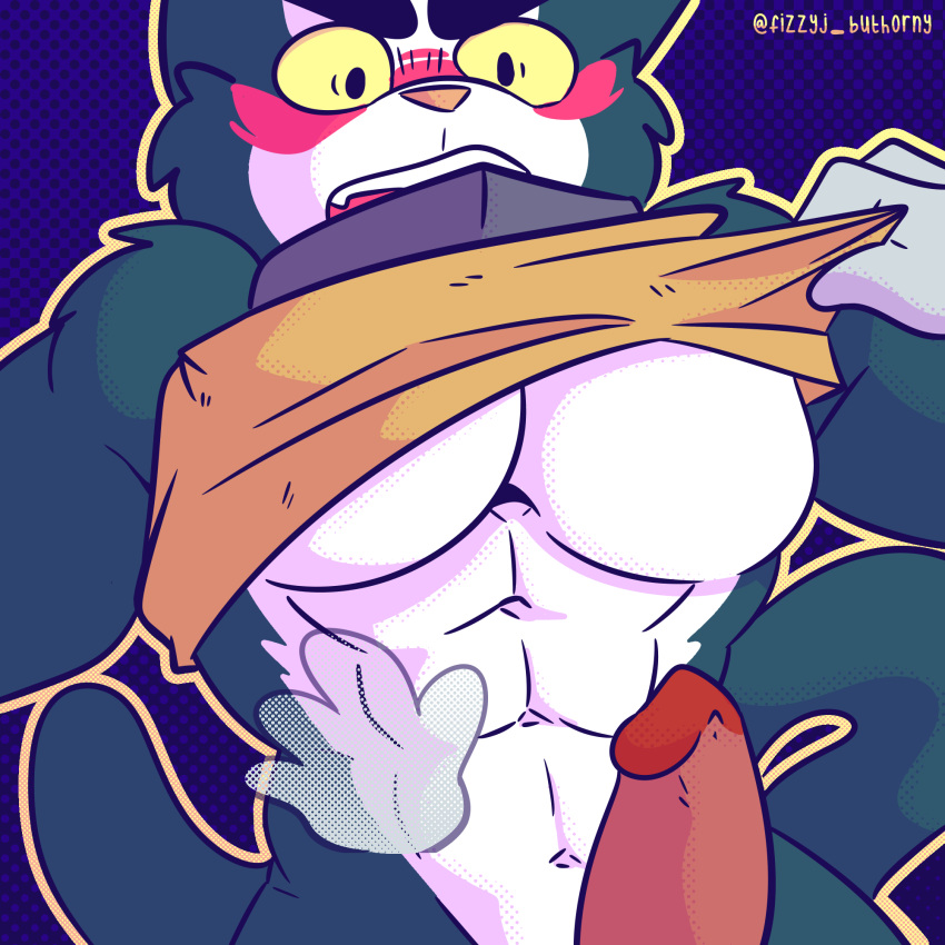 1boy anthro avocato blush cat clothed clothing clothing_lift digital_media_(artwork) domestic_cat felid final_space fizzyjay fur genitals hi_res male male_only mammal muscular muscular_male pecs penis shirt shirt_lift simple_background solo topwear ventrexian