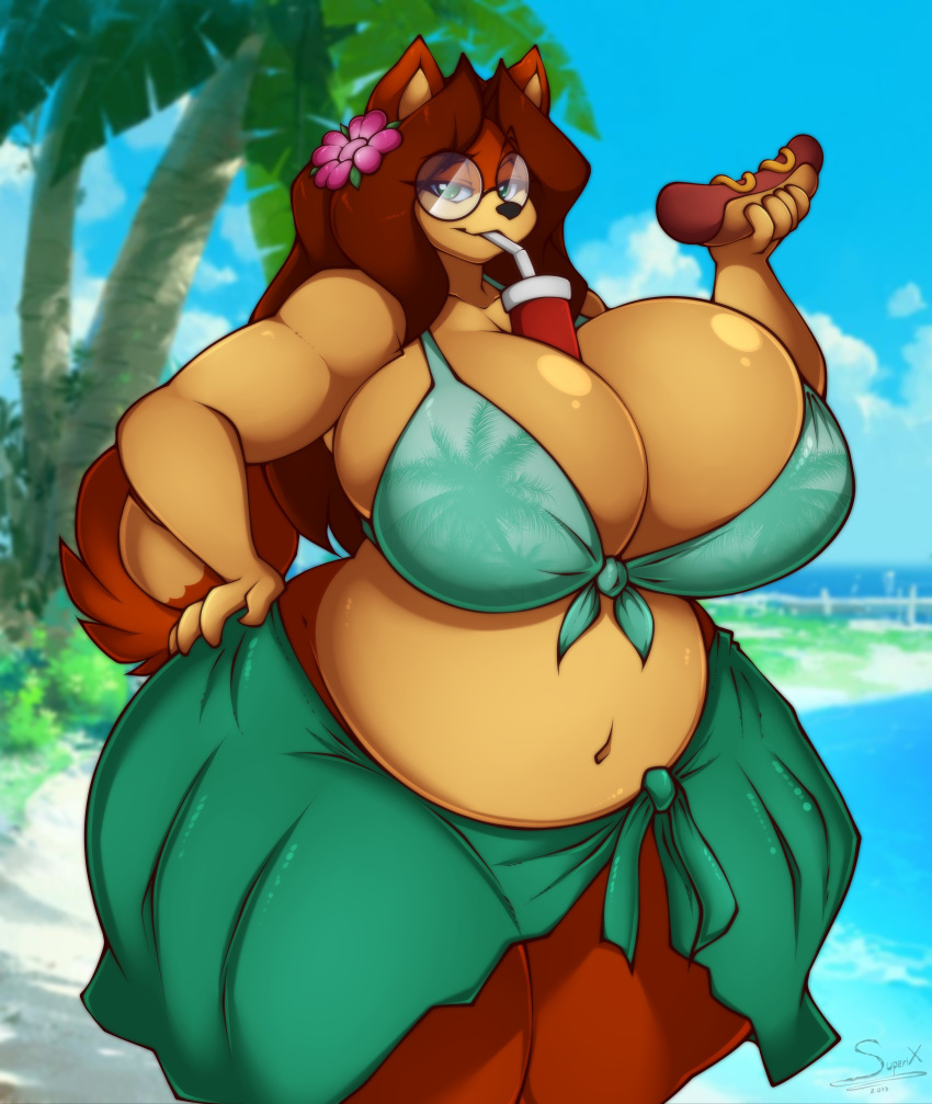 1girls 2019 4k absurd_res accessory anthro artist_name beach bedroom_eyes belly between_breasts beverage big_breasts bikini bikini_top black_nose breast_squish breasts brown_hair bubble_tea_challenge canid canine canis chubby chubby_female cleavage clothed clothing domestic_dog drinking eyebrows eyelashes eyewear female female_focus female_only fingers flower flower_in_hair food furry glasses green_eyes hair hair_accessory half-closed_eyes hand_on_hip hi_res hot_dog huge_breasts large_breasts long_hair looking_at_viewer mammal multicolored_body multicolored_fur narrowed_eyes orange_body orange_fur outside palm_tree plant red_hair seductive signature slightly_chubby smile solo solo_female solo_focus straw superia_(superix) superix tan_body tan_fur two_tone_body two_tone_fur