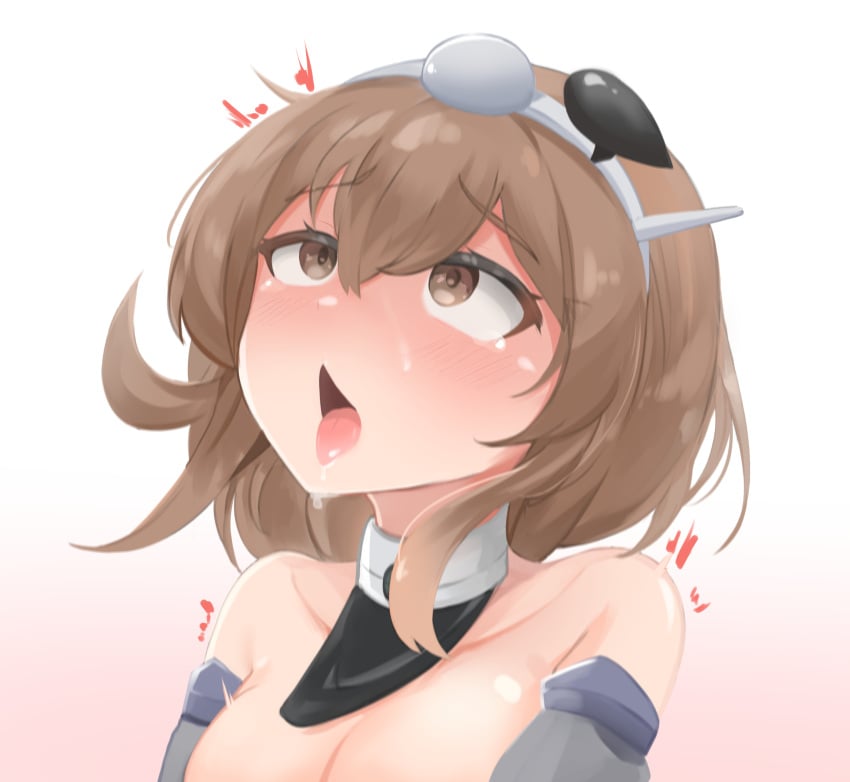 1girls ahe_gao b-29 b_29_superfortress blushing brown_eyes brown_hair daebom exposed_shoulders eyebrows_visible_through_hair female female_only light-skinned_female light_skin looking_up no_sex personification saliva saliva_trail short_hair simple_background solo suggestive tongue tongue_out war_thunder