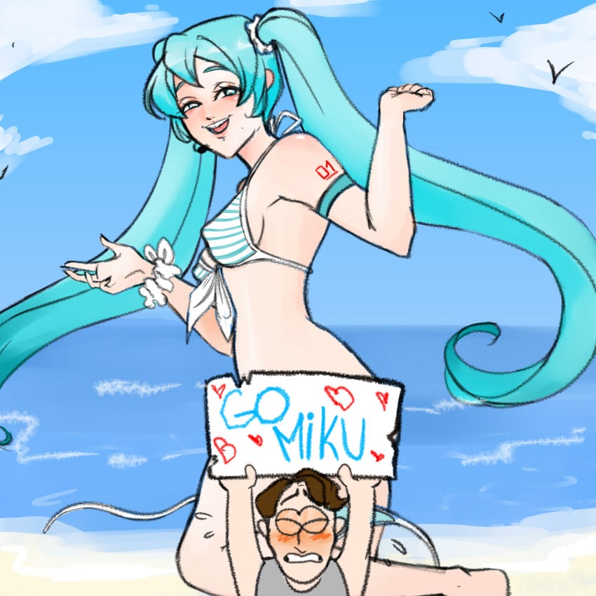 ass beach bikini blue_eyes blue_hair breasts censored female fictional_characters hatsune_miku jerma jerma985 naked sea shy striped_bikini twintails vocaloid