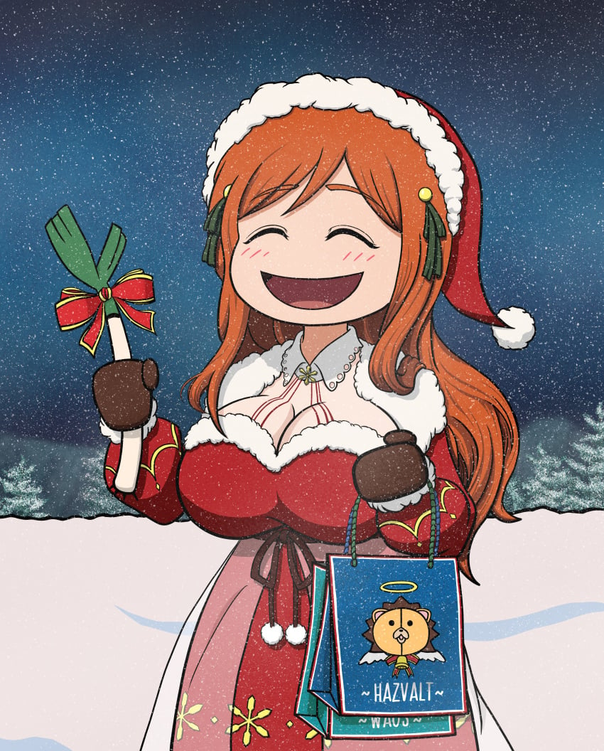 1girls adapted_costume big_breasts bleach breasts bust busty christmas christmas_clothing christmas_outfit cleavage closed_eyes clothed collar curvaceous curvy female female_only fully_clothed fur_trim ginger gloves hazvalt huge_breasts inoue_orihime kon_(bleach) large_breasts leek leekspin long_hair no_bra oppai orange_hair revealing_clothes santa_costume santa_hat smile solo solo_focus