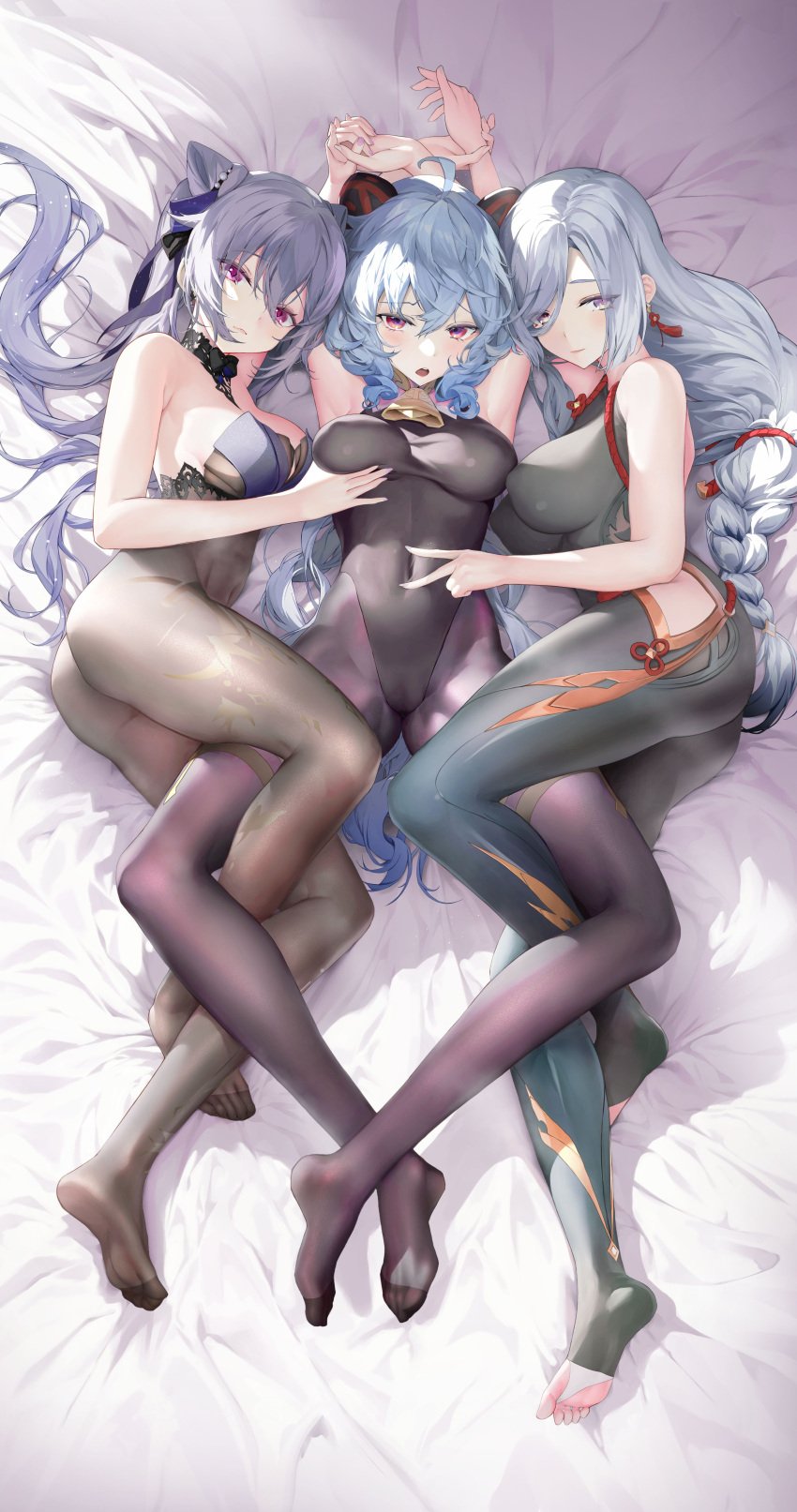 3girls absurdres armpits arms_up bangs bare_shoulders bell black_bodysuit blue_hair bodysuit braid breasts brown_bodysuit clothing_cutout collared_dress cone_hair_bun curled_horns double_bun dress feet female female_only ganyu_(genshin_impact) genshin_impact goat_horns hair_bun hair_ears hair_over_one_eye haku89 highres horns jpeg keqing_(genshin_impact) keqing_(opulent_splendor)_(genshin_impact) large_breasts long_hair medium_breasts multicolored_eyes multiple_girls neck_bell no_shoes pantyhose purple_dress purple_eyes purple_hair revision shenhe_(genshin_impact) side_cutout soles spread_navel thigh_cutout