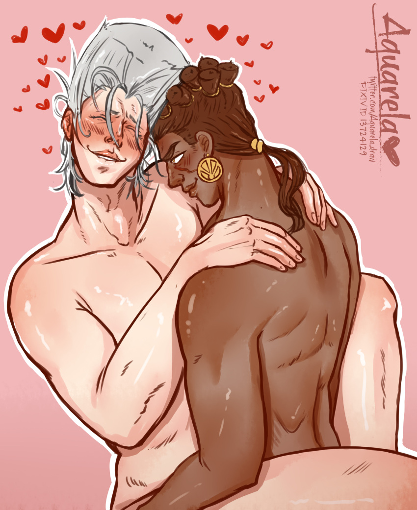 2boys aquarela artist_name blush dark-skinned_male gay happy_sex heart interracial jean_pierre_polnareff jojo's_bizarre_adventure light-skinned_male male male/male male_only mohammed_avdol nude nude_male pixiv_id stardust_crusaders tied_hair twitter_username yaoi