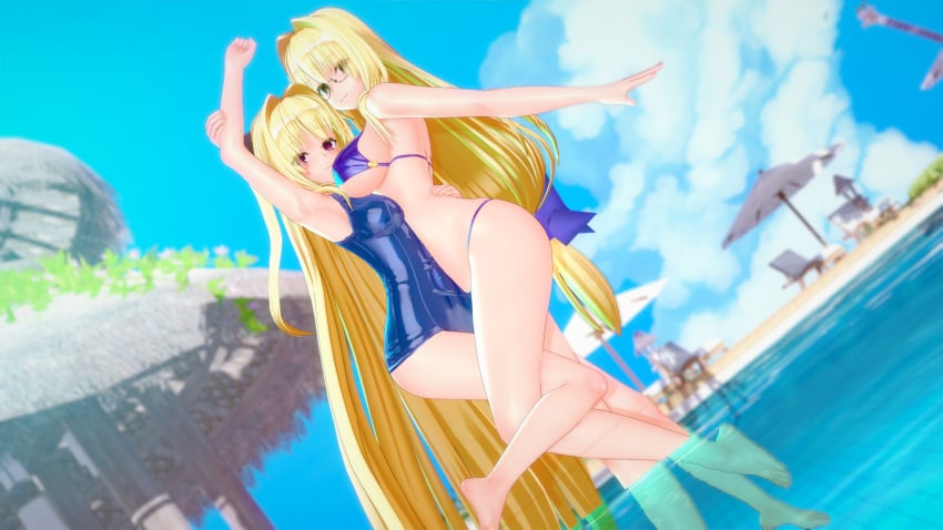 3d alvarna beach big_breasts bikini blonde_hair glasses golden_darkness green_eyes koikatsu konjiki_no_yami long_hair medium_breasts milf mother_and_daughter one-piece_swimsuit red_eyes school_swimsuit swimsuit teacher tearju_lunatique to_love-ru to_love-ru_darkness very_long_hair