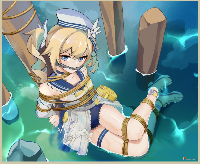 arms_tied_behind_back barbara_(genshin_impact) barbara_(summertime_sparkle)_(genshin_impact) blonde_hair blue_eyes bondage bound_ankles bound_legs cleave_gag gag gagged genshin_impact looking_at_viewer nun partially_submerged sandals sharpffffff