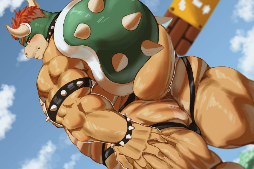 1boy 2022 anthro anus armband ass ass_focus bara big_butt big_muscles block blush bowser bracelet bubble_butt clothing cloud collar day dutch_angle eyebrows frown gay hair hand_on_butt hi_res horn huge_butt huge_muscles huge_thighs jewelry jockstrap koopa looking_at_viewer looking_back looking_back_at_viewer low-angle_view male male_only mario_(series) monochrome_kg muscular muscular_anthro muscular_male narrowed_eyes nintendo outside perineum presenting presenting_hindquarters rear_view scalie shell sky solo spiked_armband spiked_bracelet spiked_collar spiked_shell spikes spikes_(anatomy) spread_butt spreading standing super_mario_bros. thick_thighs underwear video_games