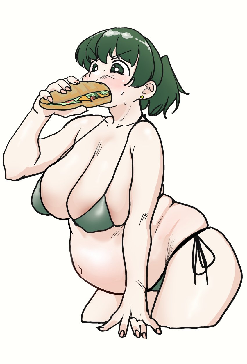 big_belly bikini chubby green_eyes green_hair ijnacrj large_breasts overeating