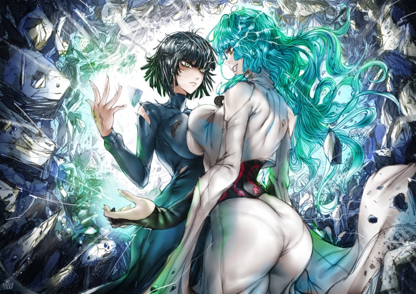 2girls absurdres angry annoyed artist_name artist_signature ass ass_focus back back_view battle_damage big_ass big_breasts big_butt blue_hair bob_cut boobs bra breast_press breasts breasts_pressed_together breasts_to_breasts bubble_ass bubble_butt butt_focus catfight clothed clothing curly_hair curvaceous curvy curvy_female curvy_figure dark_green_hair dark_hair dat_ass destruction dress esper evil_smile female female/female female_focus female_only fight fubuki_(one-punch_man) green_eyes green_hair hand_up heroine highres hips large_ass large_breasts light-skinned_female light_blue_hair light_skin lighting lips lipstick long_hair long_sleeves looking_at_another medium_hair messy_hair nails one-punch_man pink_lips pink_lipstick psychic psykos ripped_clothing rocks rubble seductive seductive_eyes seductive_look seductive_smile see-through see-through_clothing see-through_panties serious shiny_skin short_hair side_view sideboob slim slim_waist smile smiling smiling_at_another thegoldensmurf thick thick_ass thick_thighs thighs thin_waist tight_clothing titfightbare_shoulders turquoise_hair turtleneck turtleneck_dress veins villain voluptuous wall wedgie wide_hips