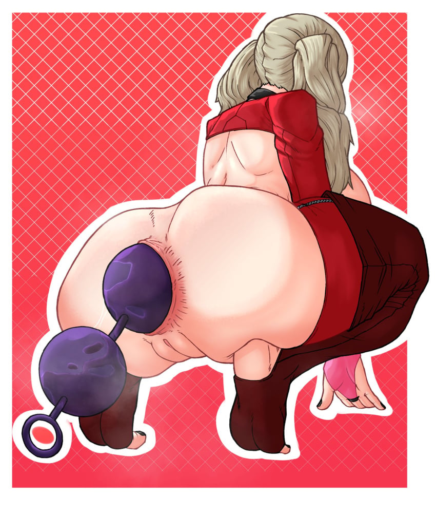 anal_beads ann_takamaki anus ass crouching huge_anal_beads persona persona_5 pushing_anal_beads_out sex_toy slushiebest