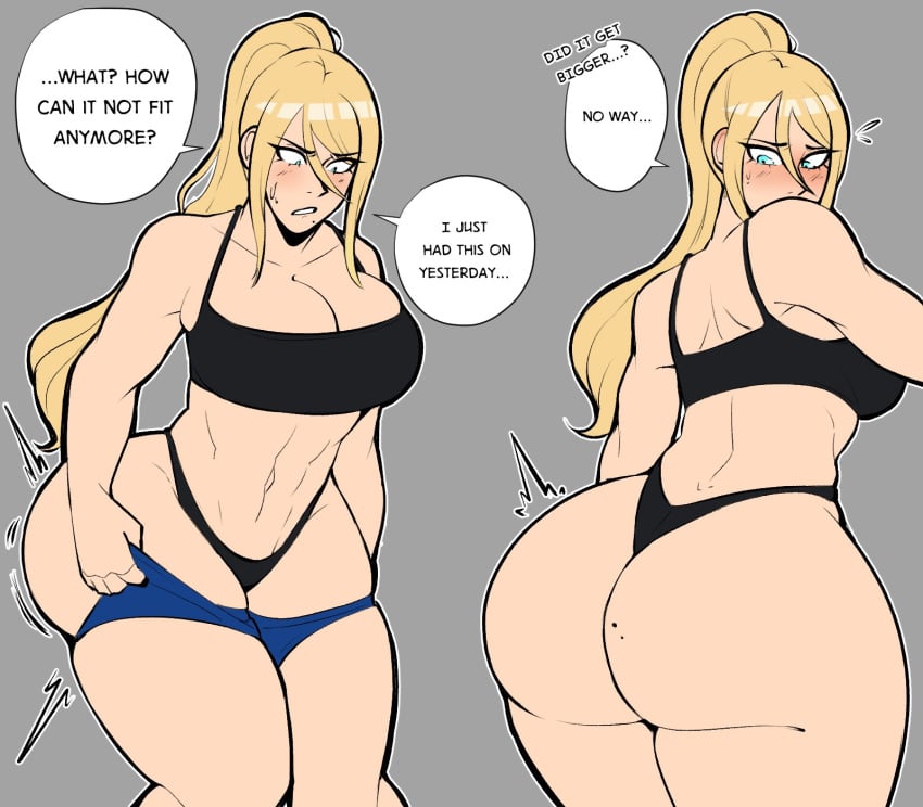 1girls ass ass_expansion ass_growth big_ass big_breasts black_thong blonde_hair bluueygooey bottom_heavy bra breasts bubble_butt cleavage clothing dat_ass denial dialogue dressing english_text fat_ass female female_only huge_ass inconvenient_ass large_ass looking_at_ass looking_at_self looking_back metroid nintendo panties samus_aran shorts solo struggling struggling_to_fit talking_to_self text thick_ass thick_thighs thong tomboy weight_gain wide_hips