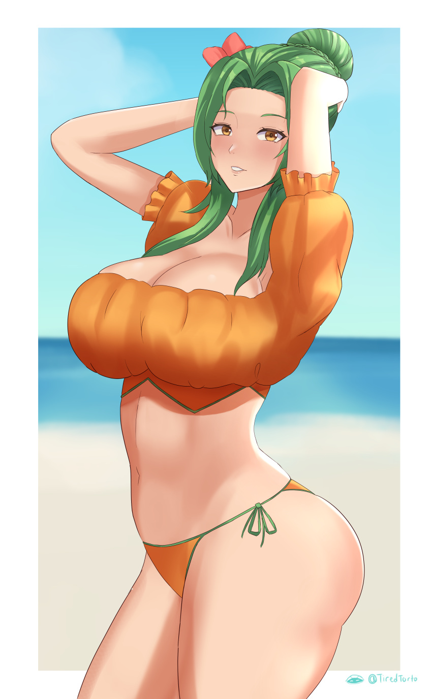 1girls alternate_costume ass bare_thighs beach big_ass bikini breasts cleavage elincia_ridell_crimea elincia_ridell_crimea_(summer) female female_only fire_emblem fire_emblem:_path_of_radiance fire_emblem:_radiant_dawn fire_emblem_heroes green_hair large_breasts looking_at_viewer nintendo ocean official_alternate_costume orange_bikini orange_eyes orange_swimsuit outdoors short_hair smile solo swimsuit thick_thighs thighs tiredtorto