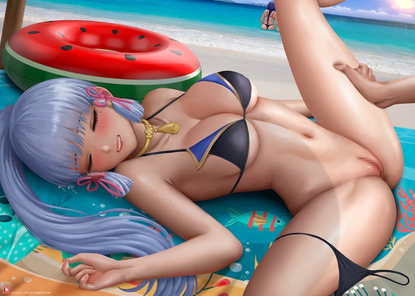 1boy 3girls aether_(genshin_impact) alexander_dinh artist_name bangs beach beach_towel bikini bikini_around_one_leg blue_sky blush bottomless breasts censored cleavage closed_eyes closed_mouth cloud collarbone day food_print genshin_impact gold_choker hand_on_another's_thigh innertube kamisato_ayaka light_blue_hair lips lying medium_breasts mixed-language_commentary mole mole_under_eye mosaic_censoring multiple_girls navel ocean on_back parted_lips patreon_logo patreon_username ponytail pussy raiden_shogun sand signature skindentation sky sleeping solo_focus speech_bubble stomach straight sunlight swimsuit tassel_choker thighs thong thong_bikini towel watermelon_print web_address wet yae_miko