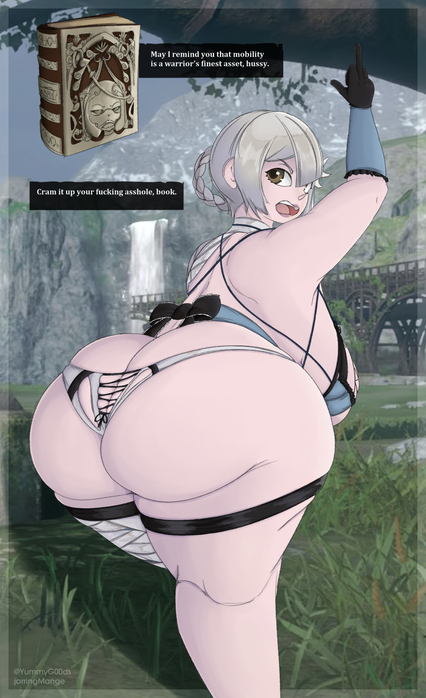 1girls ass ass_cleavage bbw big_ass big_breasts breasts butt_crack chubby english_text fat female female_only grimoire_weiss huge_ass huge_breasts ineffective_clothing kaine_(nier) light-skinned_female light_skin nier nier_replicant obese standing text thick thick_thighs white_hair yummygoods