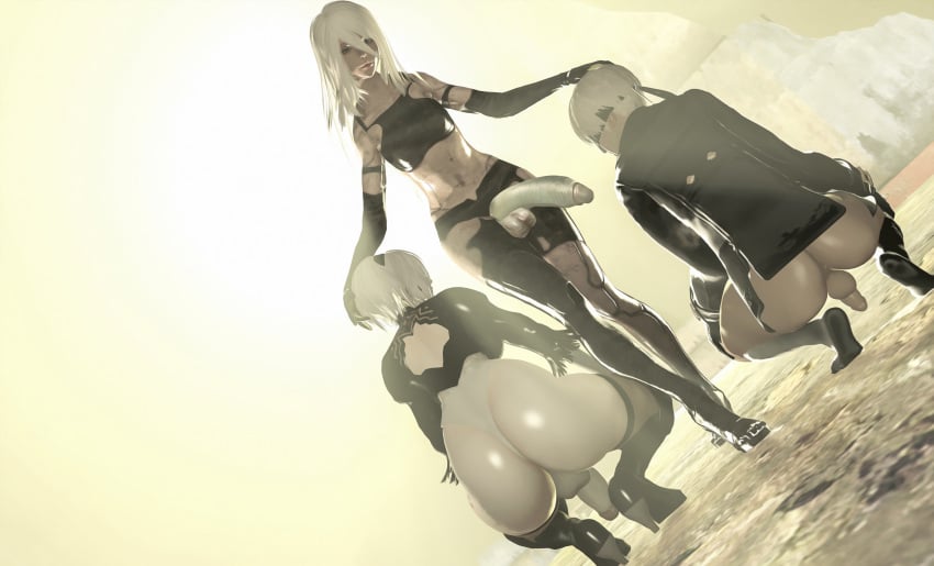 1boy 2futas 3d ass backsack balls big_ass big_balls big_penis blindfold bottomless breasts crouching futa_is_bigger futadom futanari hairband light-skinned_futanari light-skinned_male light_skin male mitrild-sfm nier nier:_automata penis short_hair standing testicles white_hair yorha_2b yorha_9s yorha_a2