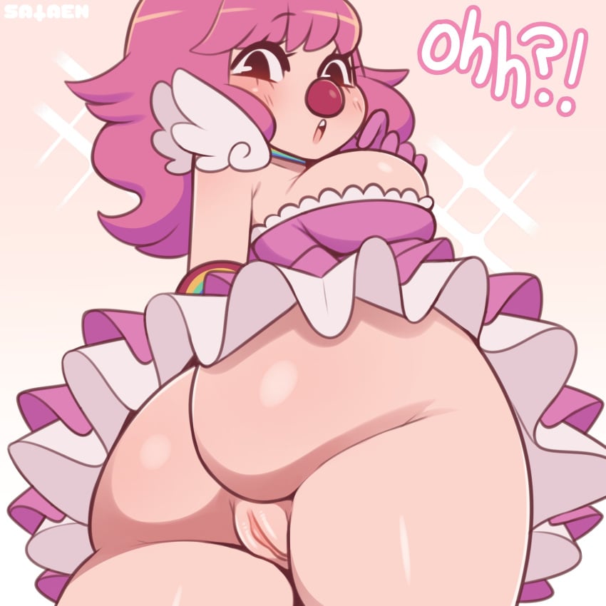 1girls absurd_res ace_attorney artist_name ass breasts bubble_butt butt_crack clown clown_girl clussy clussy_fever english_text female female_only geiru_toneido gyakuten_saiban hi_res large_breasts looking_at_viewer looking_down pink_hair pussy sataenart sideboob skirt solo text thick_thighs thighs