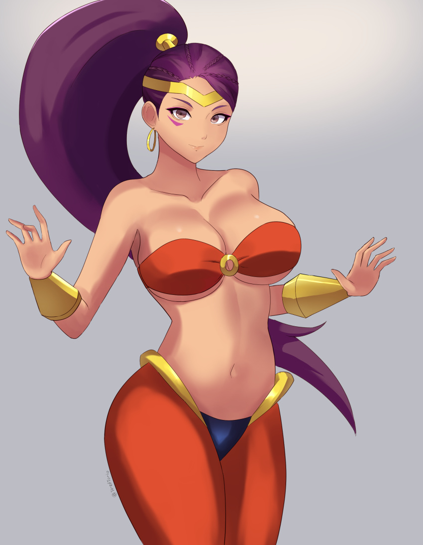 1girls alternate_costume alternate_hairstyle bare_midriff bare_shoulders breasts brown_eyes cleavage collarbone cosplay crossover earrings female female_only fire_emblem fire_emblem:_three_houses large_breasts looking_at_viewer midriff nintendo pantyhose petra_macneary ponytail purple_hair shantae shantae_(cosplay) shoulders smooth_skin solo tiredtorto underboob very_long_hair