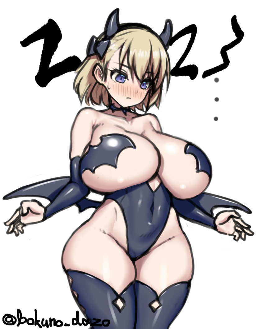 alternate_breast_size alternate_costume azur_lane bare_shoulders bat_wings black_leotard blonde_hair blush bokuno bow breasts choker collarbone covered_navel demon_girl female hairbow highres horns huge_breasts leotard purple_eyes short_hair simple_background solo sweatdrop thighhighs white_background wide_hips wings z23_(azur_lane)