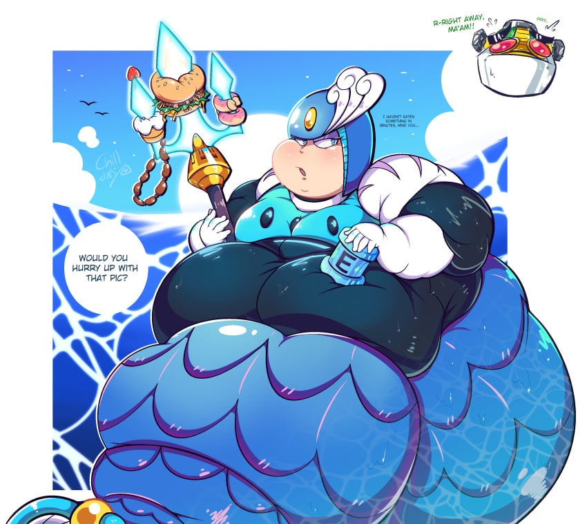 1girls auto_(mega_man) bbw chubby chubby_female english english_text fat female female_focus food mega_man morbidly_obese morbidly_obese_female obese obese_female overweight overweight_female robot_girl robot_master solo_focus speech_bubble splash_woman water