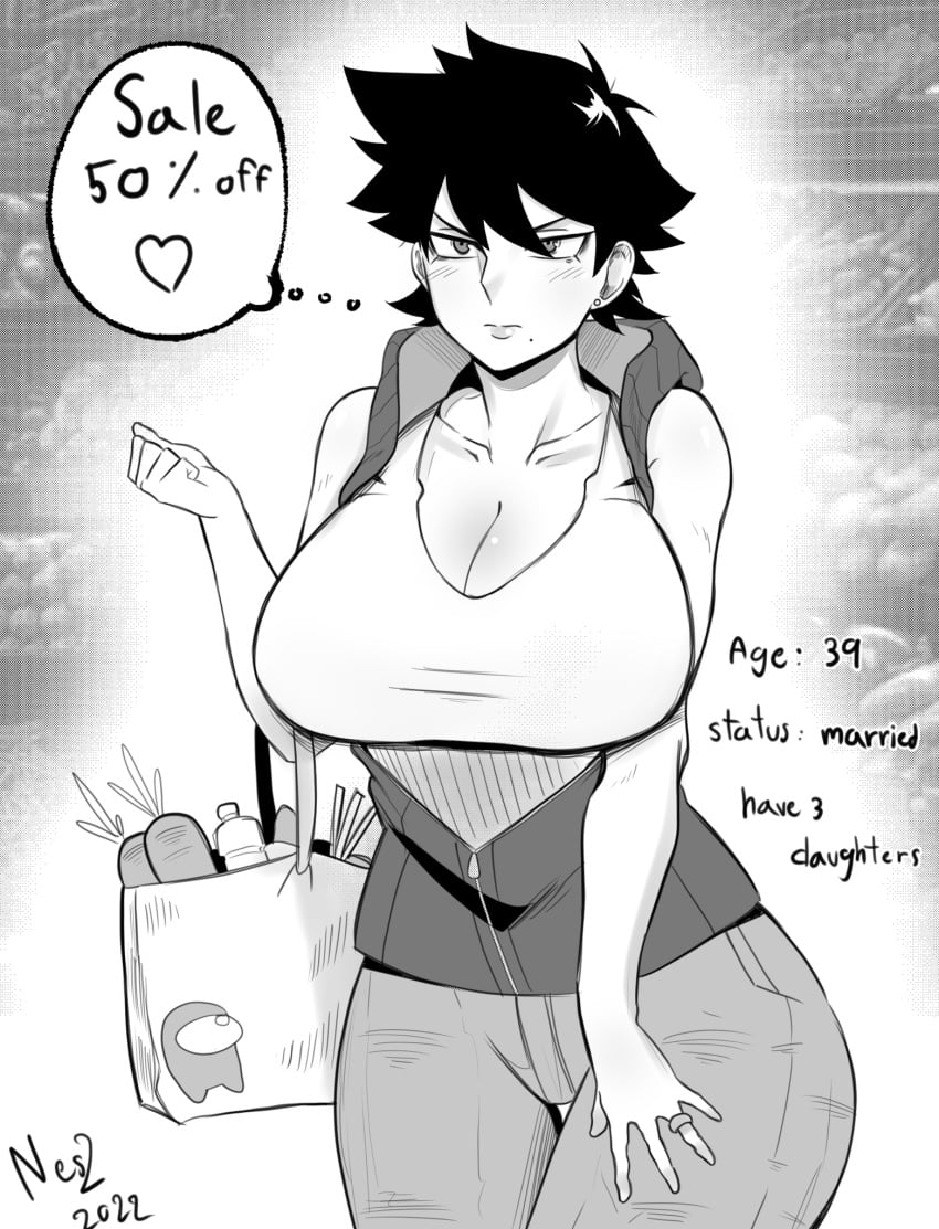 1girls 2022 among_us beauty_mark big_breasts breasts cleavage earrings english english_text female female_focus huge_breasts large_breasts milf monochrome mother naomi_(nesz) nesz original original_character short_hair solo solo_female solo_focus text thought_bubble tomboy