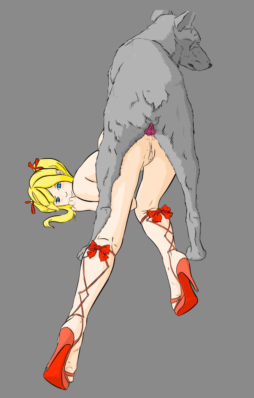 1animal 1boy 1girls anal anal_penetration anus ass blonde_hair blue_eyes canine canine_penis dead_or_alive dmc43dmc43 drawn face_down_ass_up feet hair_ribbon high_heels knot lace legs long_hair looking_at_viewer marie_rose nude penis piercing pussy twintails zoophilia