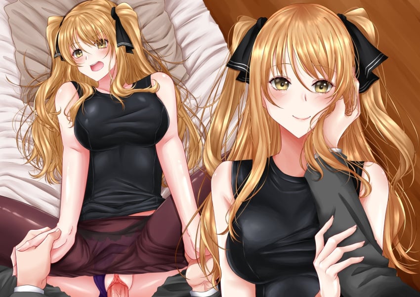 1boy ao_no_kanata_no_four_rhythm bare_arms big_breasts black_dress black_ribbon blonde_hair brown_eyes brown_legwear caress clitoris clothed_sex clothes_lift commission dress dress_lift female grey_pants hair_ribbon hand_on_another's_cheek hand_on_another's_face holding_hands leather long_hair looking_at_viewer missionary panties pants pantyhose penis pov purple_panties pussy ribbon rynn_(darknescorez) satouin_reiko second-party_source sex sleeveless sleeveless_dress solo_focus spread_legs straight uncensored underwear urethra vaginal_penetration