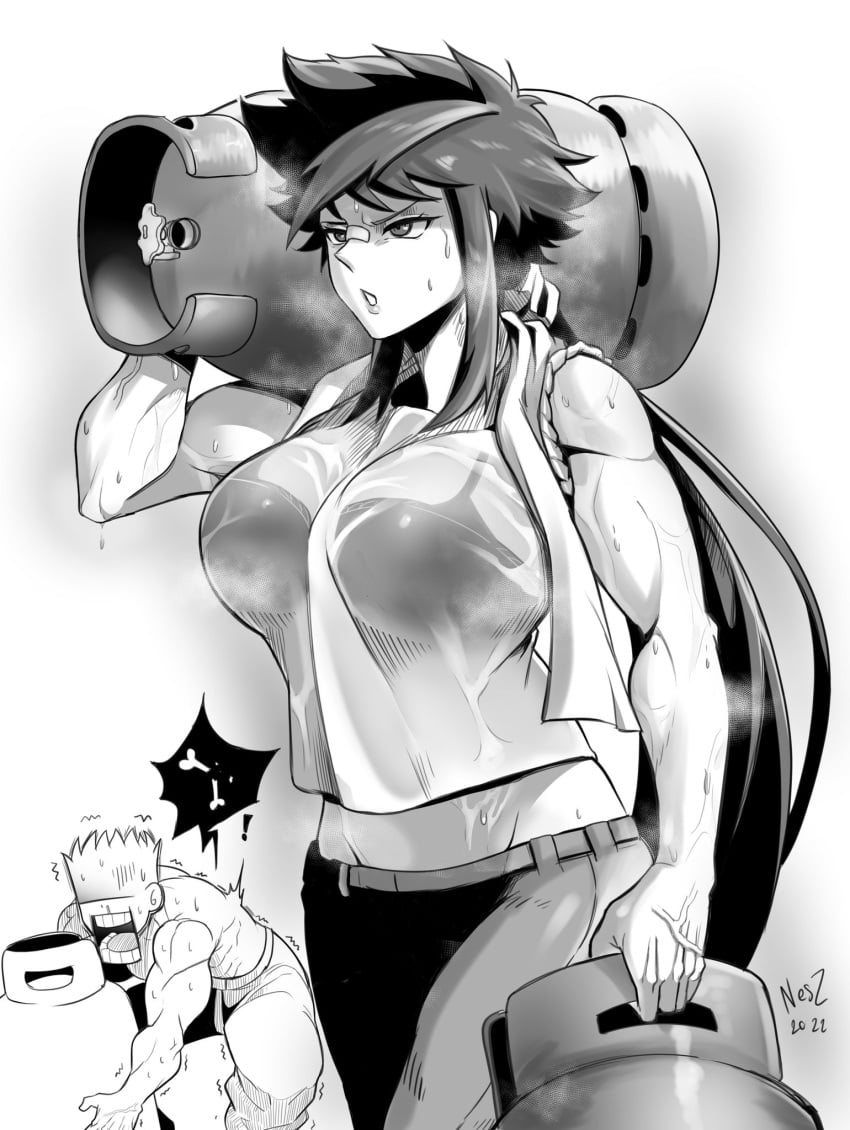 1boy 1boy1girl 1girls 2022 big_breasts bra bra_visible_through_clothes breasts female huge_breasts large_breasts long_hair male monochrome muscular muscular_female muscular_male nesz original original_character see-through short_hair sweat sweating