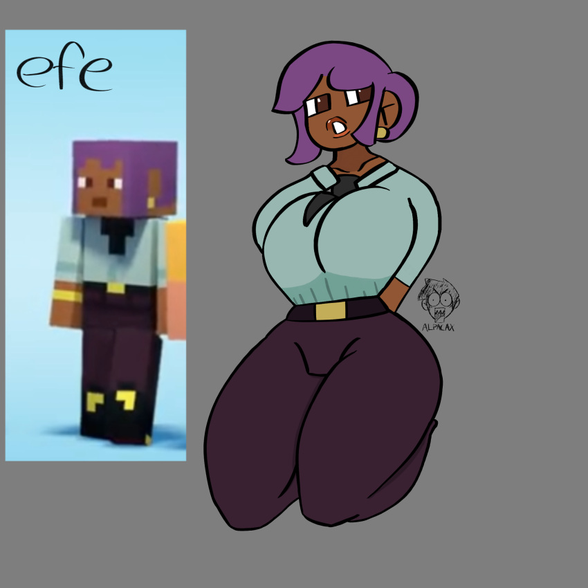 artist_request belt big_breasts dark_skin earrings efe_(minecraft) fully_clothed minecraft purple_hair tagme thick_thighs